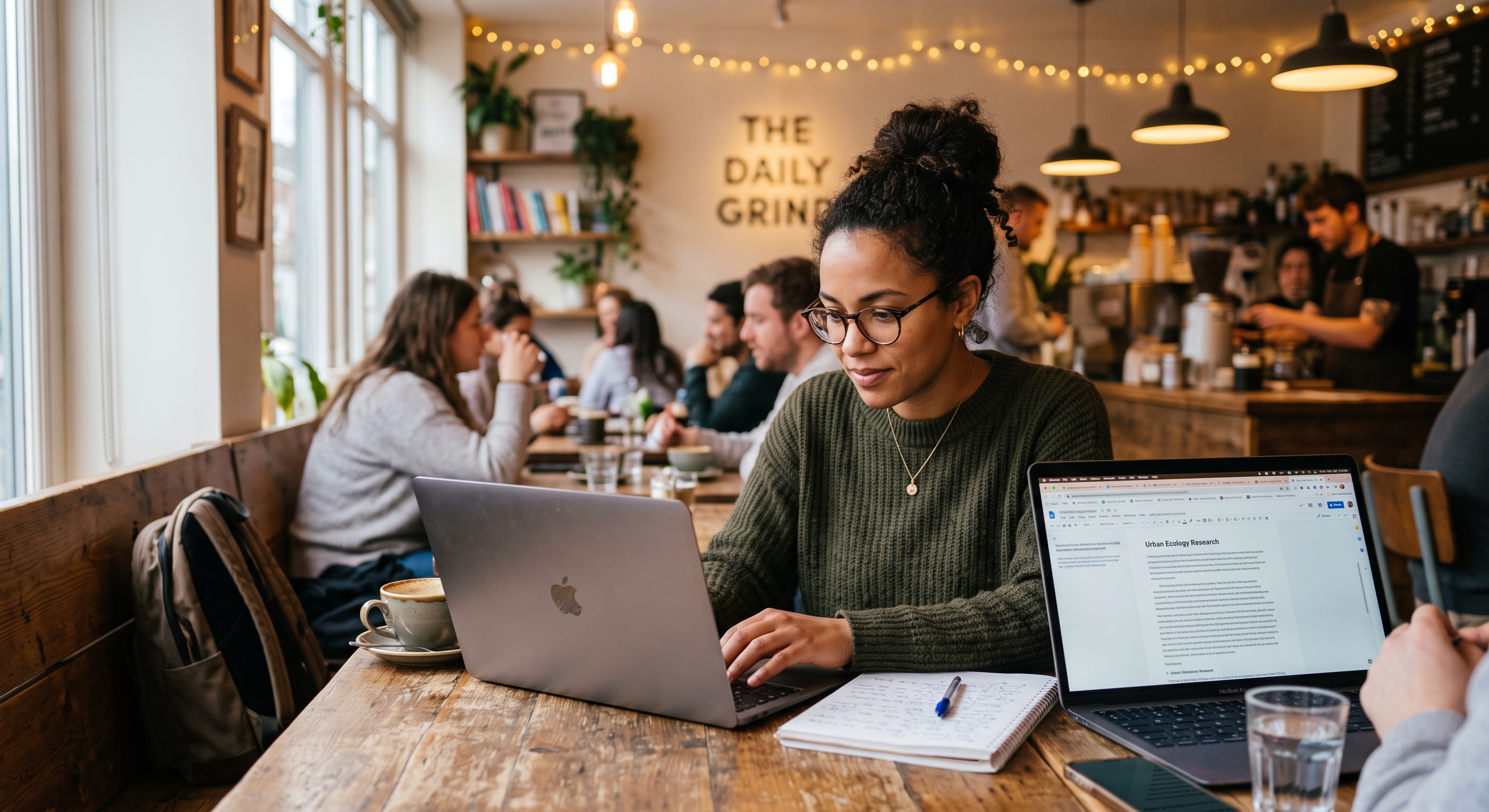 diverse 30-something person studying in a warm coffee shop environment behind a computer photorealistic