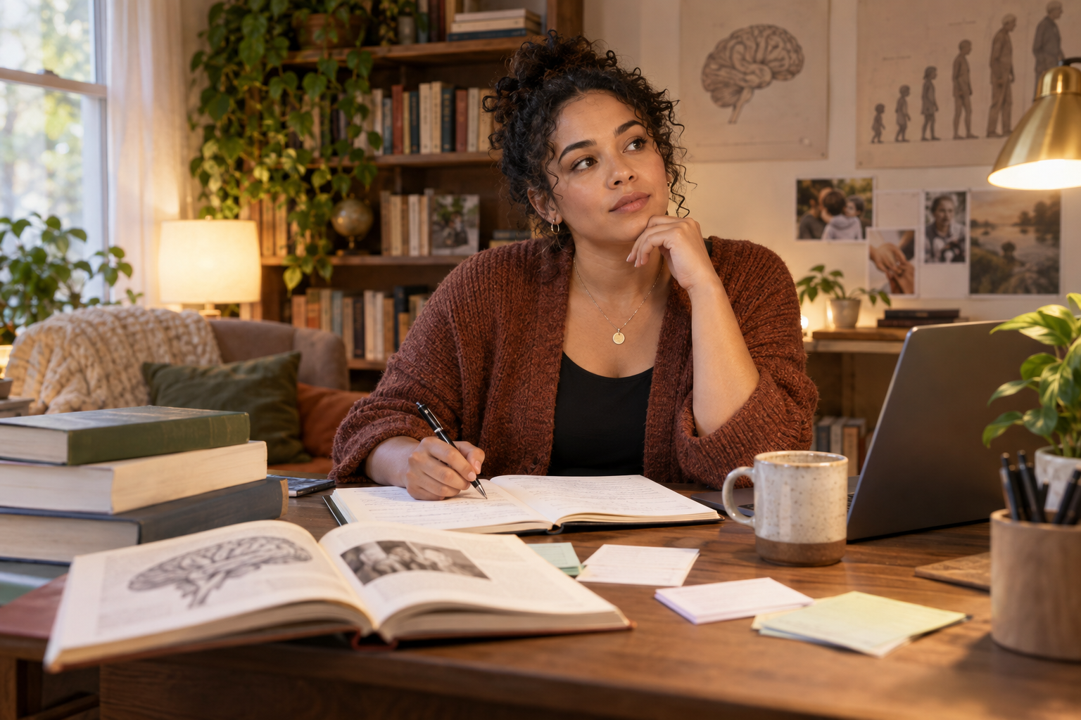 a 20 something diverse student studying human development theories and thinking deeply in a warm cozy environment with a laptop