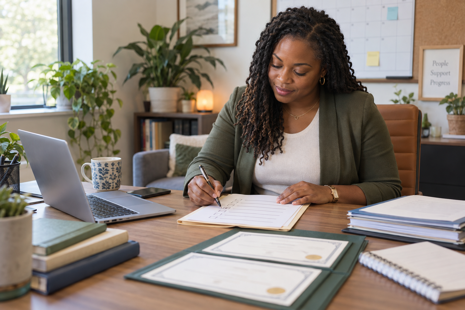 photorealistic, landscape-format image of a diverse social worker reviewing a pre-renewal checklist, with CE certificates and organized documentation visible.