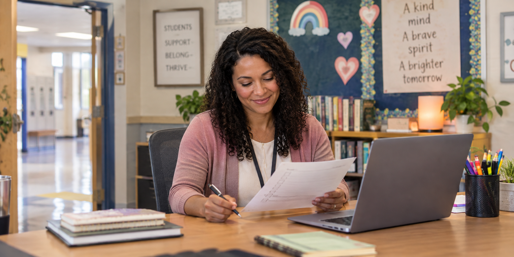 a counselor in a school environment by a computer