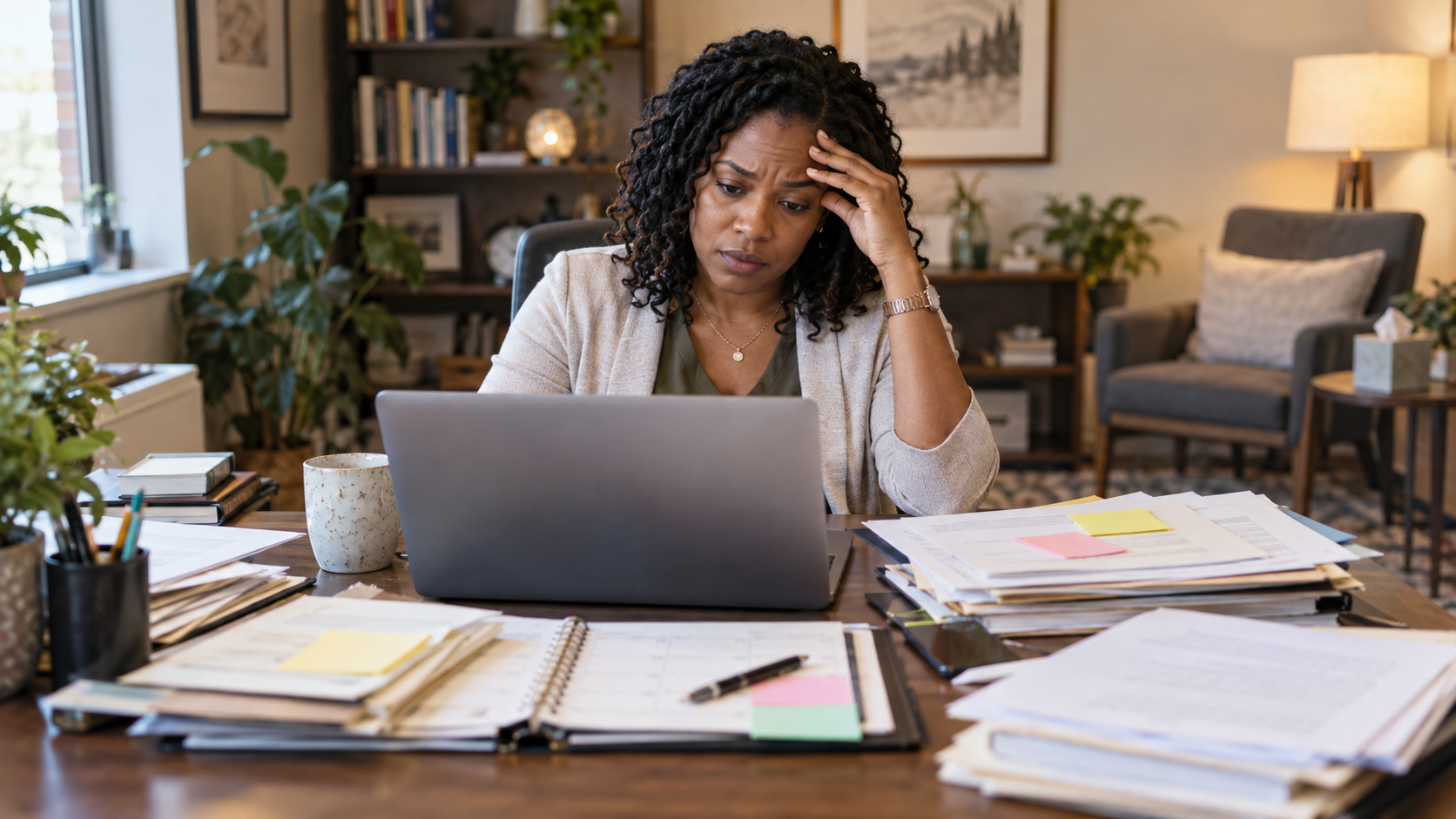 a photorealistic, landscape blog image of a diverse therapist feeling stressed behind a computer at a cluttered office desk.