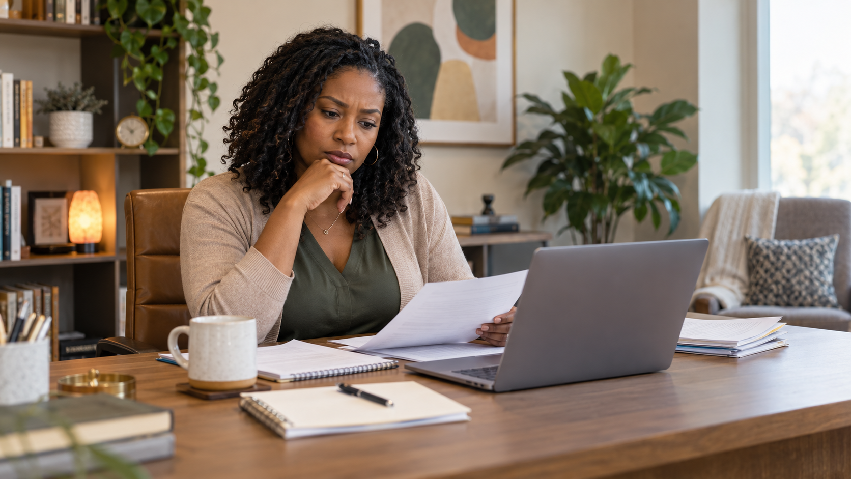 a photorealistic, diverse therapist in their 30s seated behind a desk, with a thoughtful and concerned expression