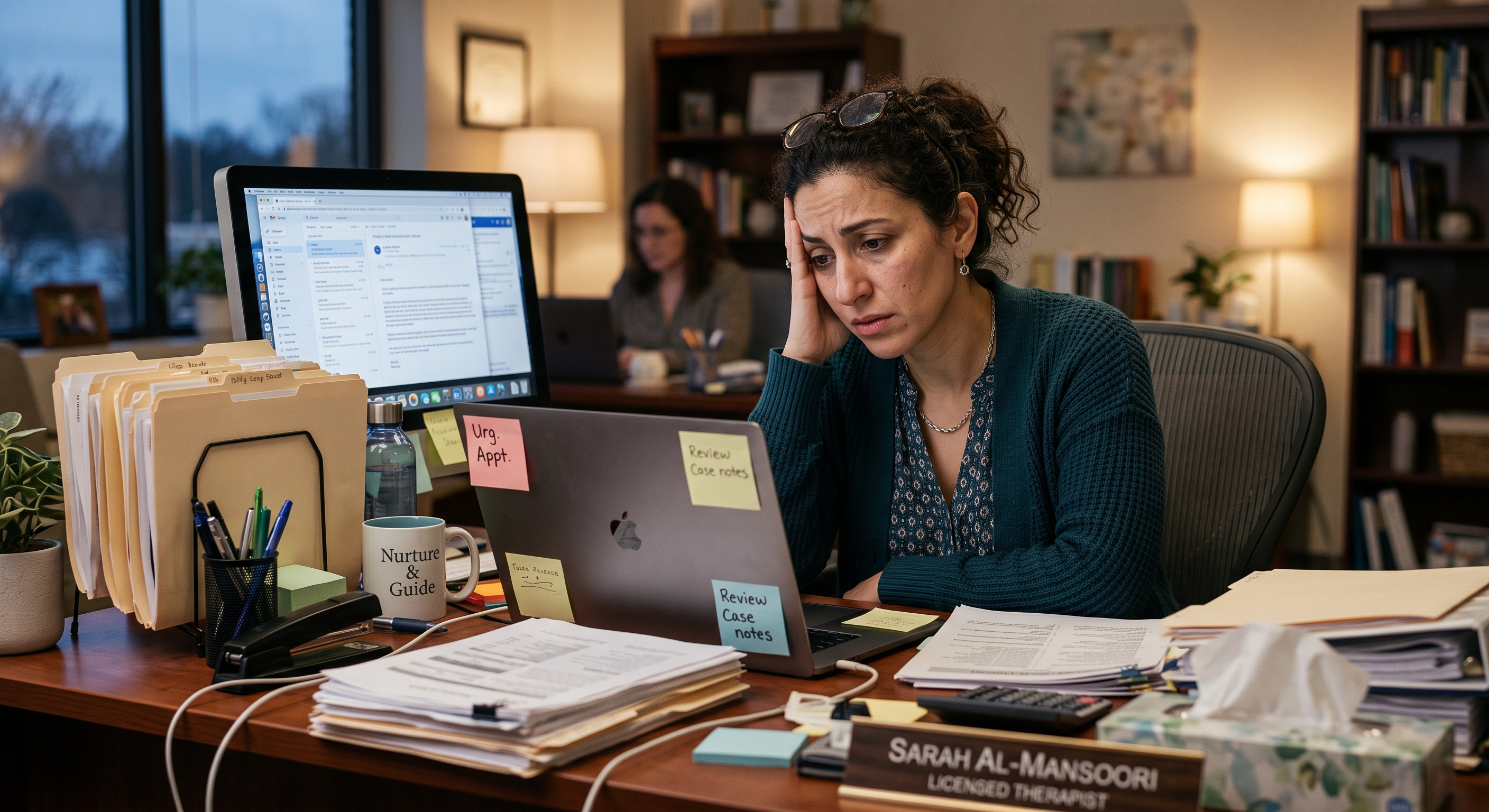 a diverse therapist with a cluttered desk looking stressed behind a computer