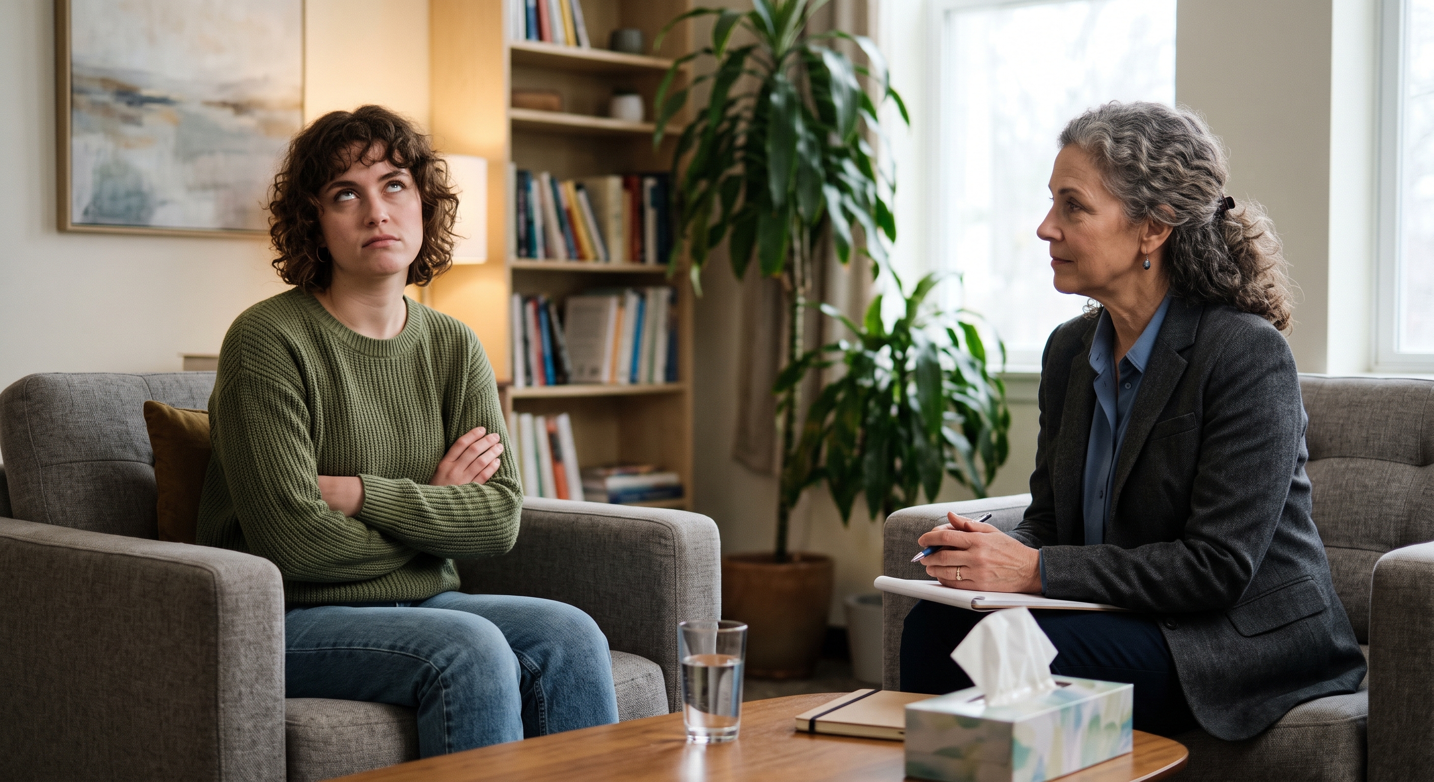 a client in a therapy session demonstrating a defense mechanism