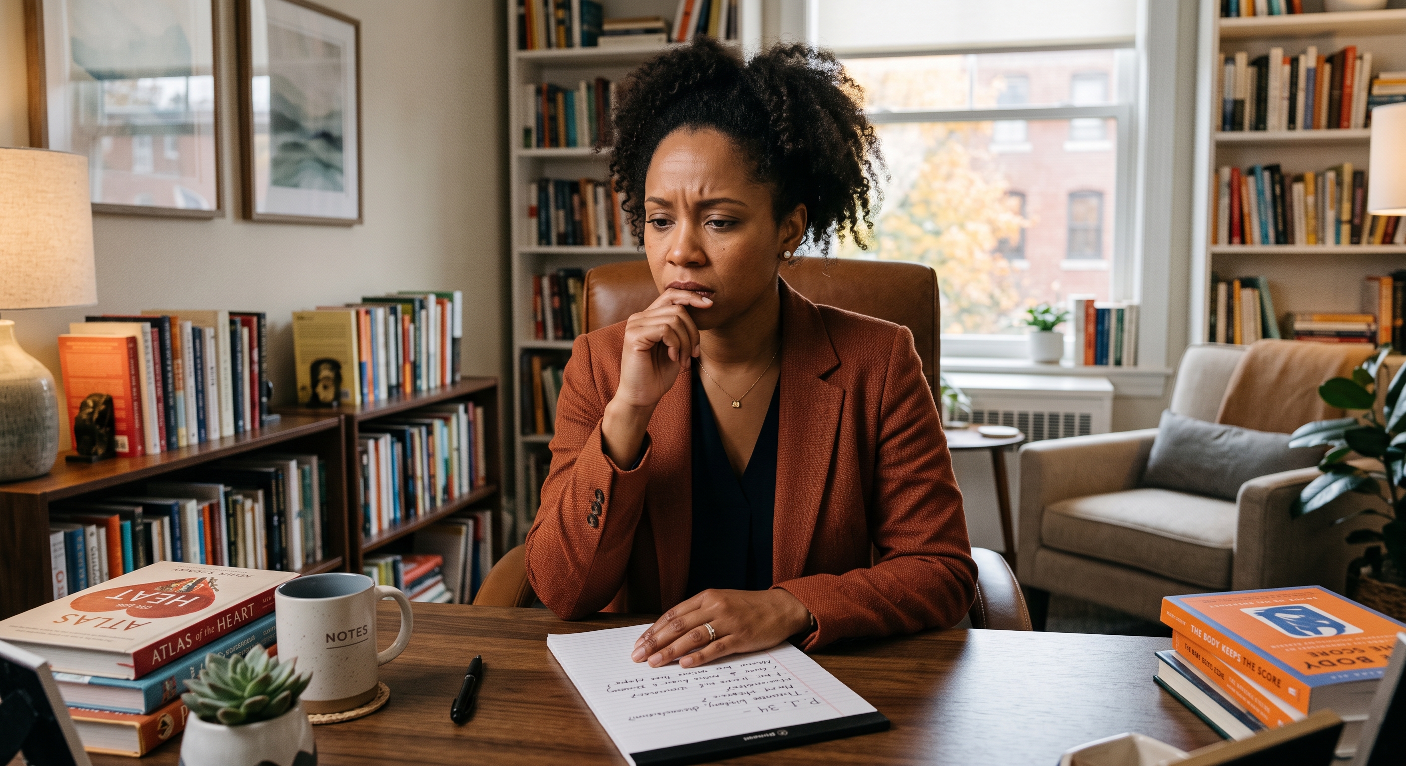 a therapist behind a desk deep in thought and concern photorealistic 30 something diverse