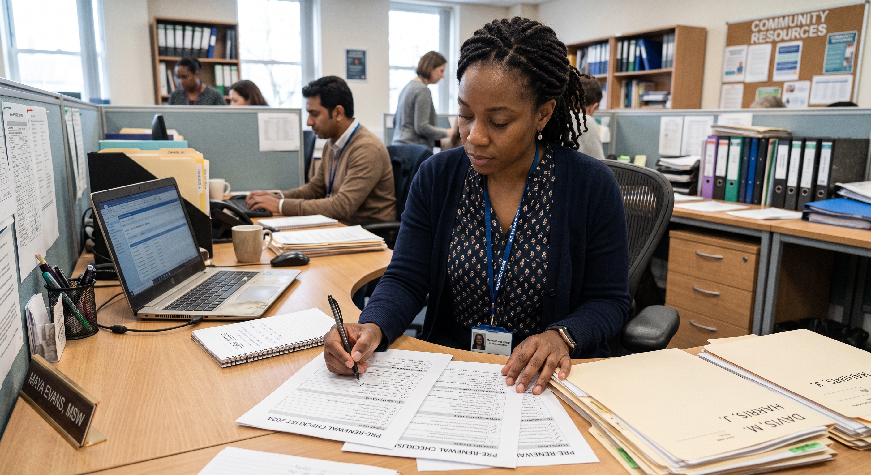 a diverse social worker going through a pre-renewal checklist photorealistic