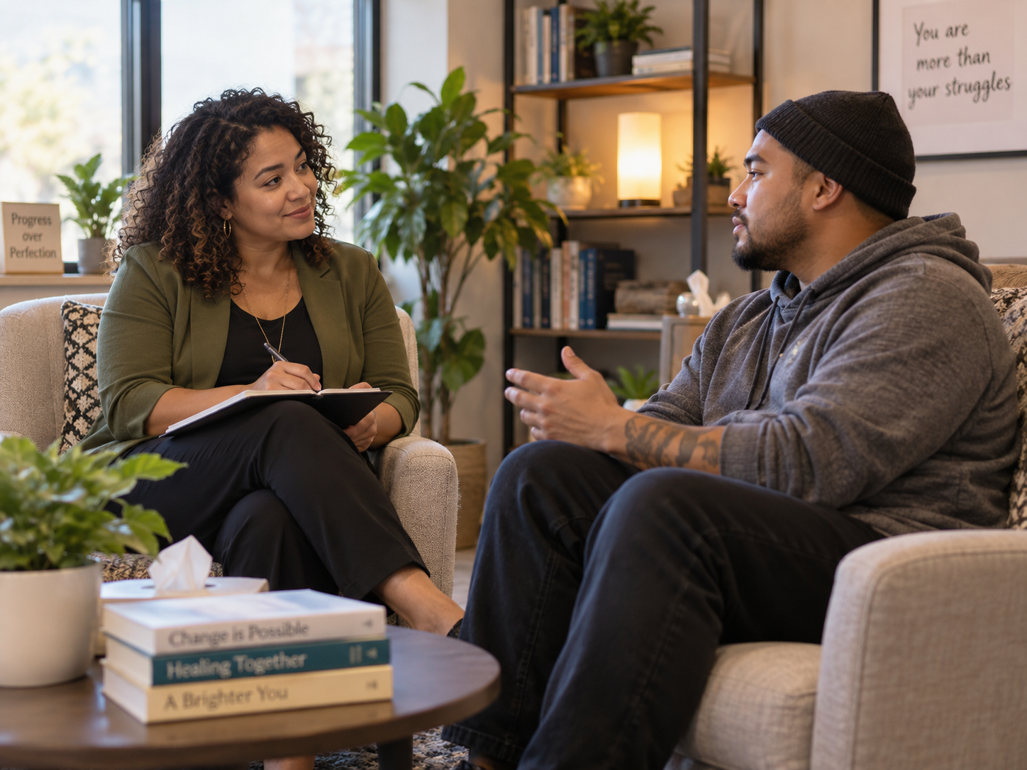 a diverse therapist practicing motivational interviewing with a client