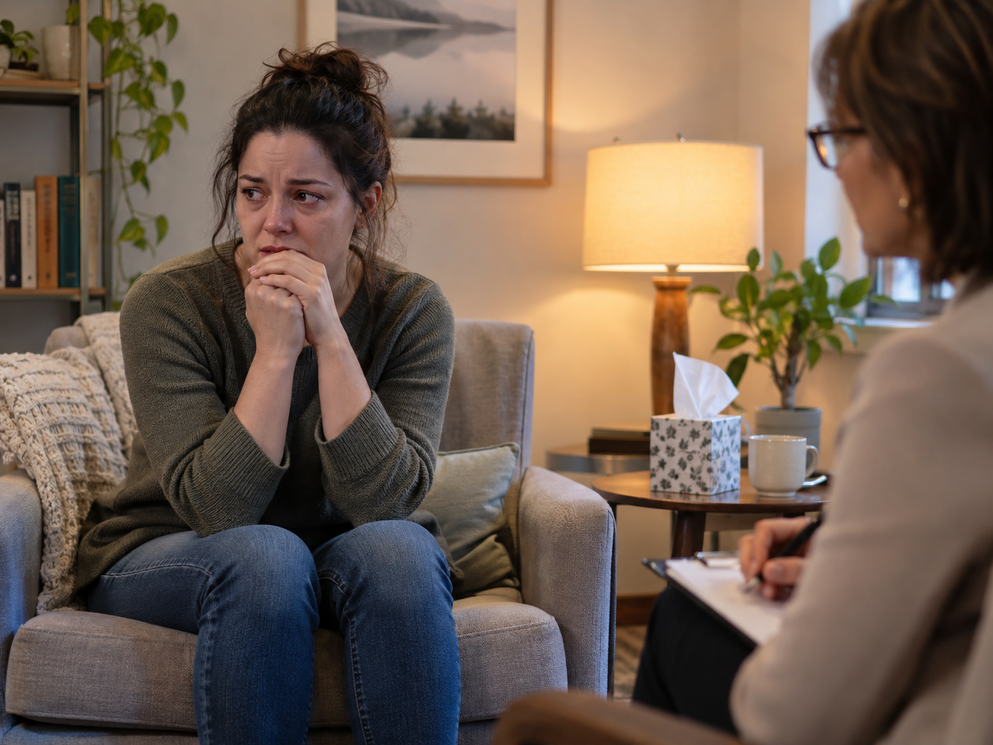 therapy client demonstrating acute stress disorder photorealistic
