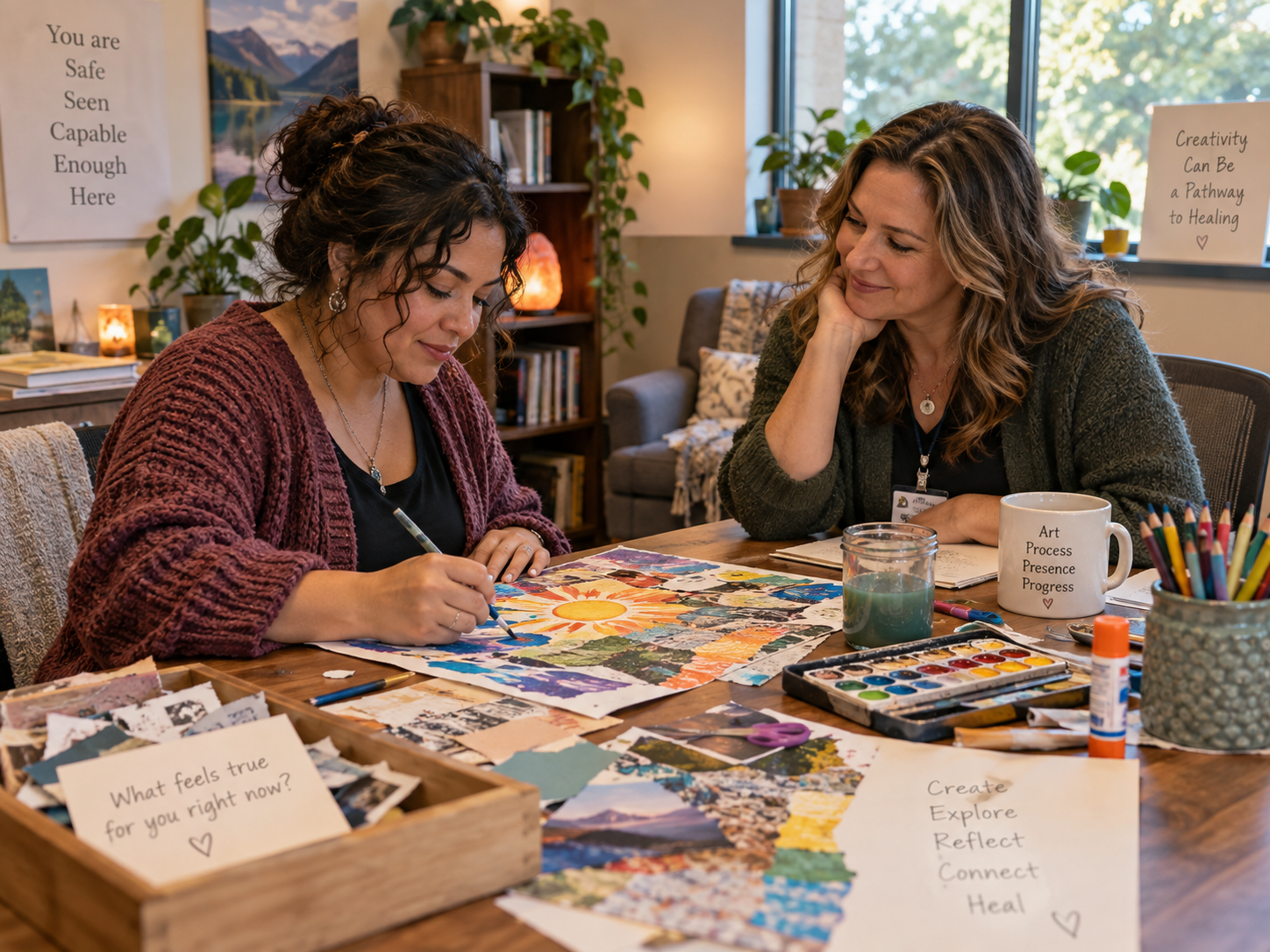 a therapist practicing expressive art therapy with an adult