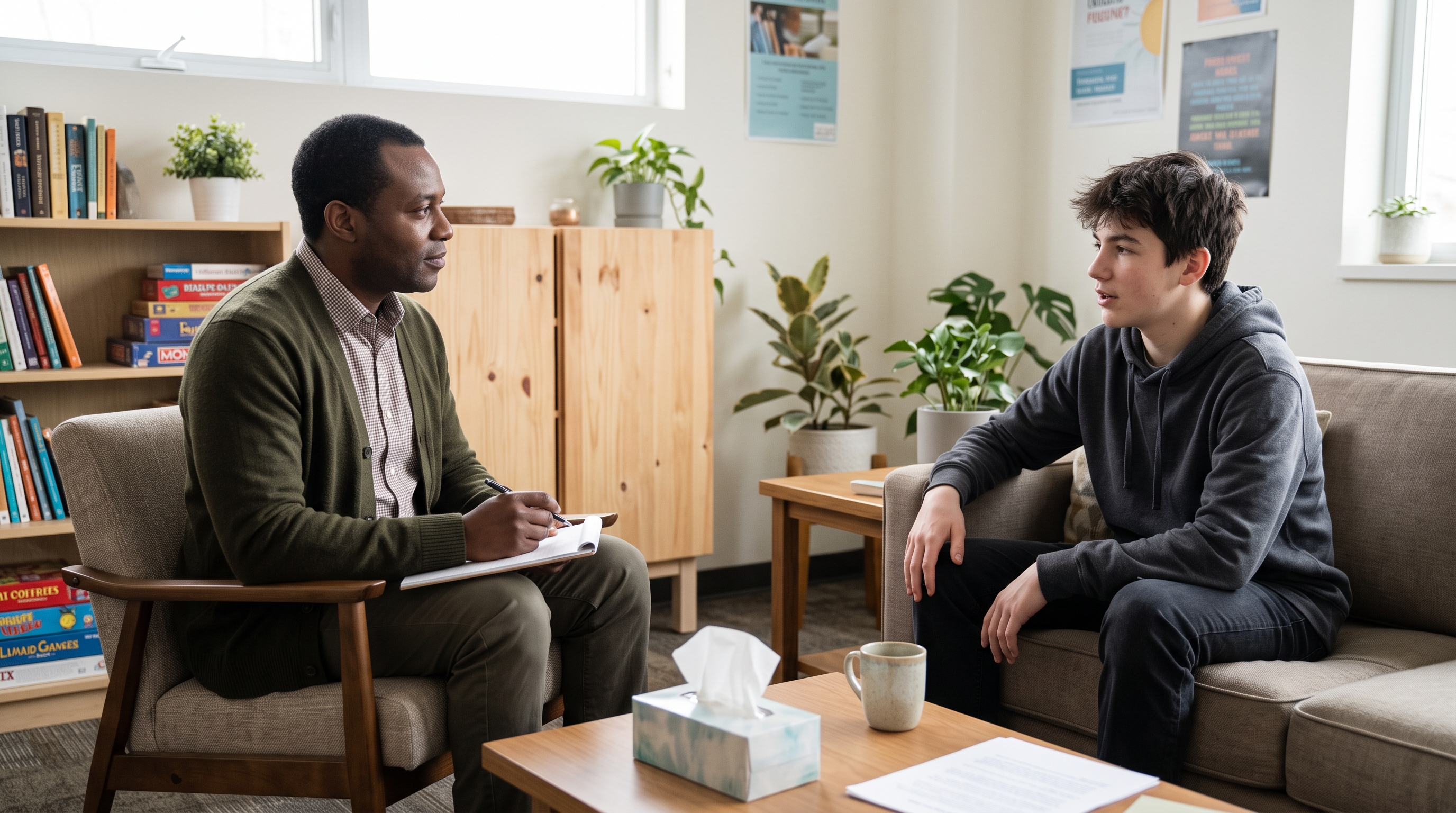 a therapist doing a risk assessment with a teen male client in a calm environment