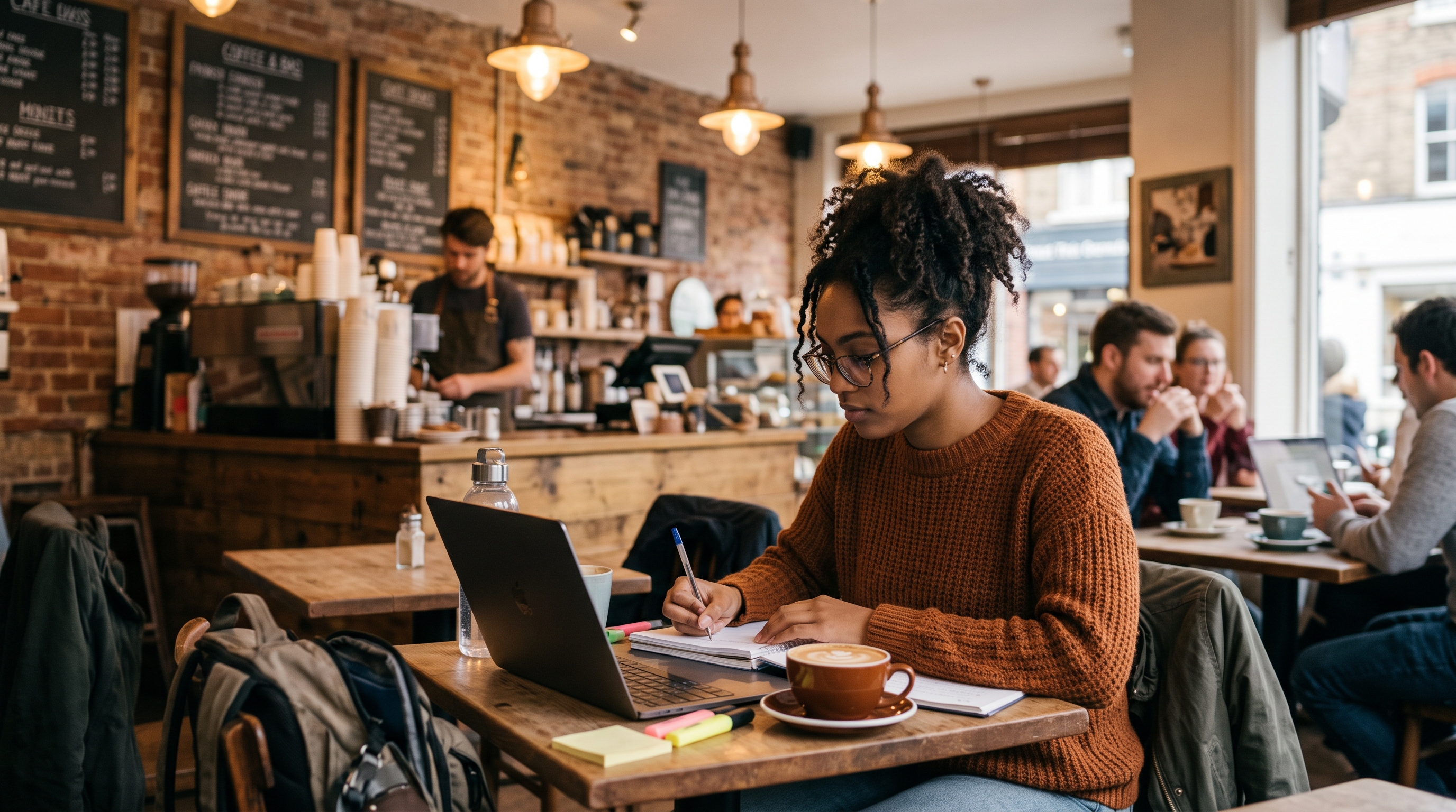 black social worker studying in a coffeeshop