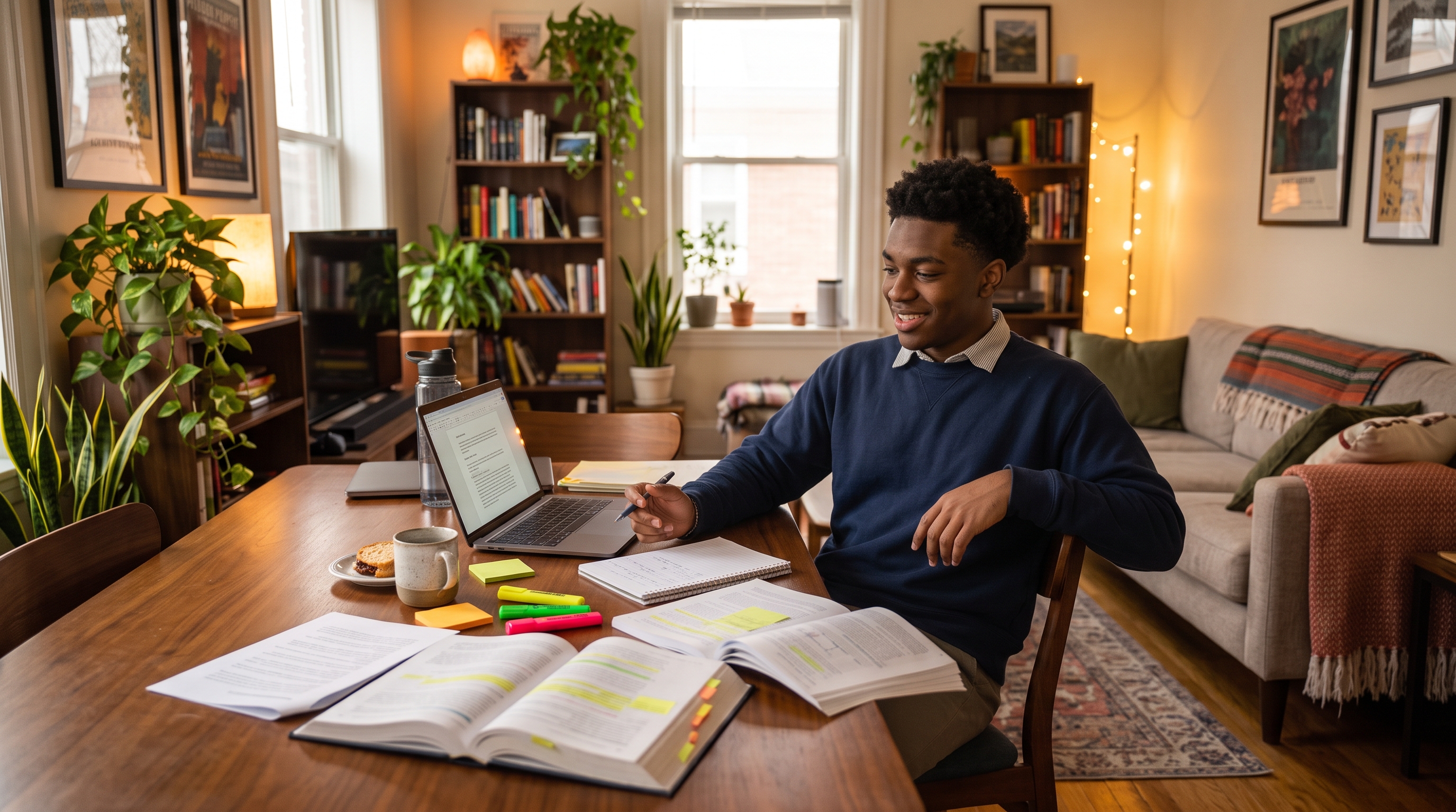 a 20 something man diverse confident studying for an exam in a warm cozy home environment
