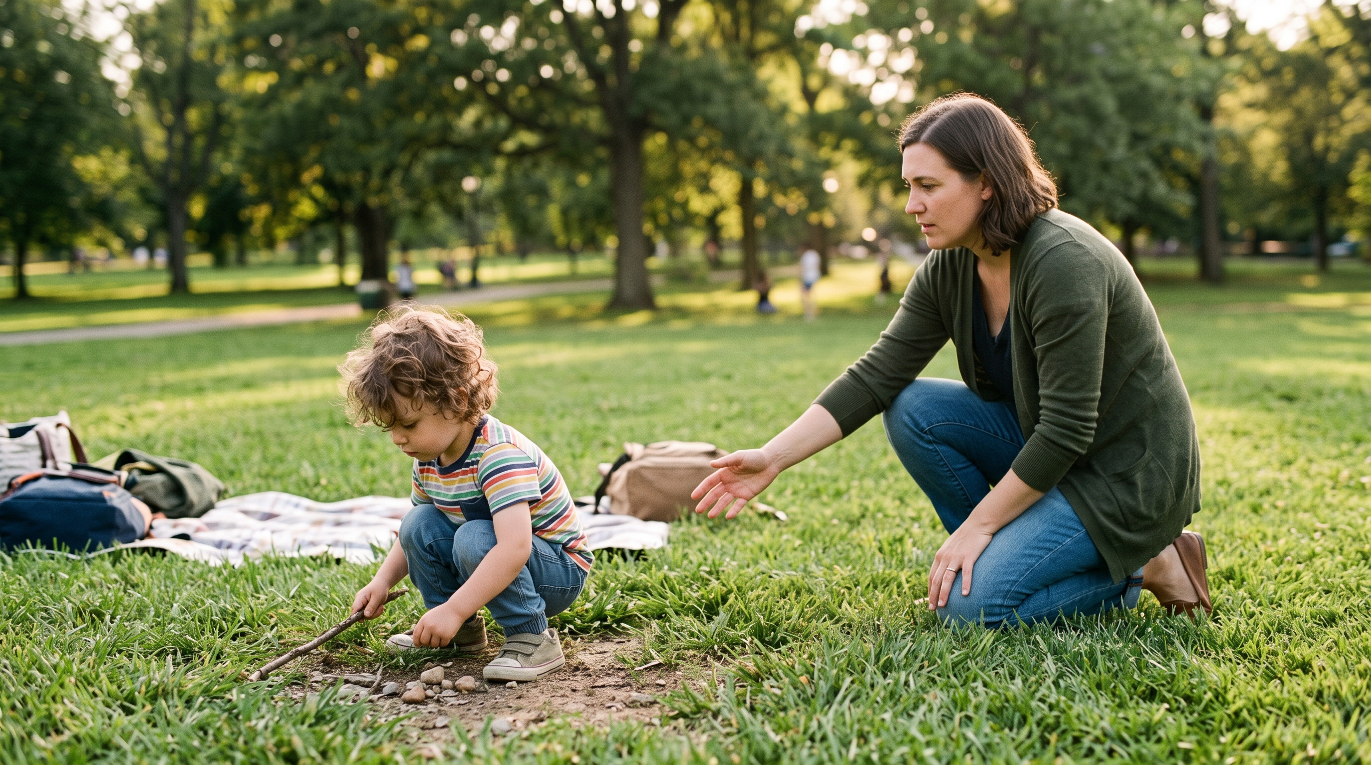 voidant attachment in a park setting. I'm exploring how to show a caregiver reaching out while the child exhibits avoidant behavior, perhaps by turning away or otherwise failing to engage.