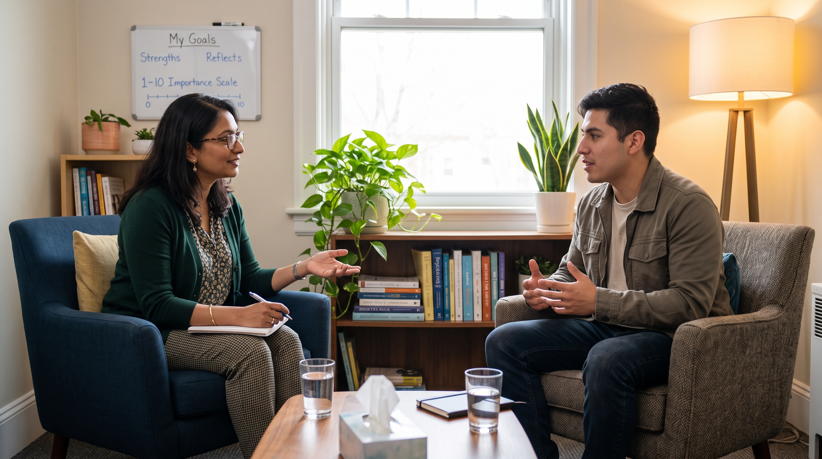 a diverse therapist practicing motivational interviewing with a client