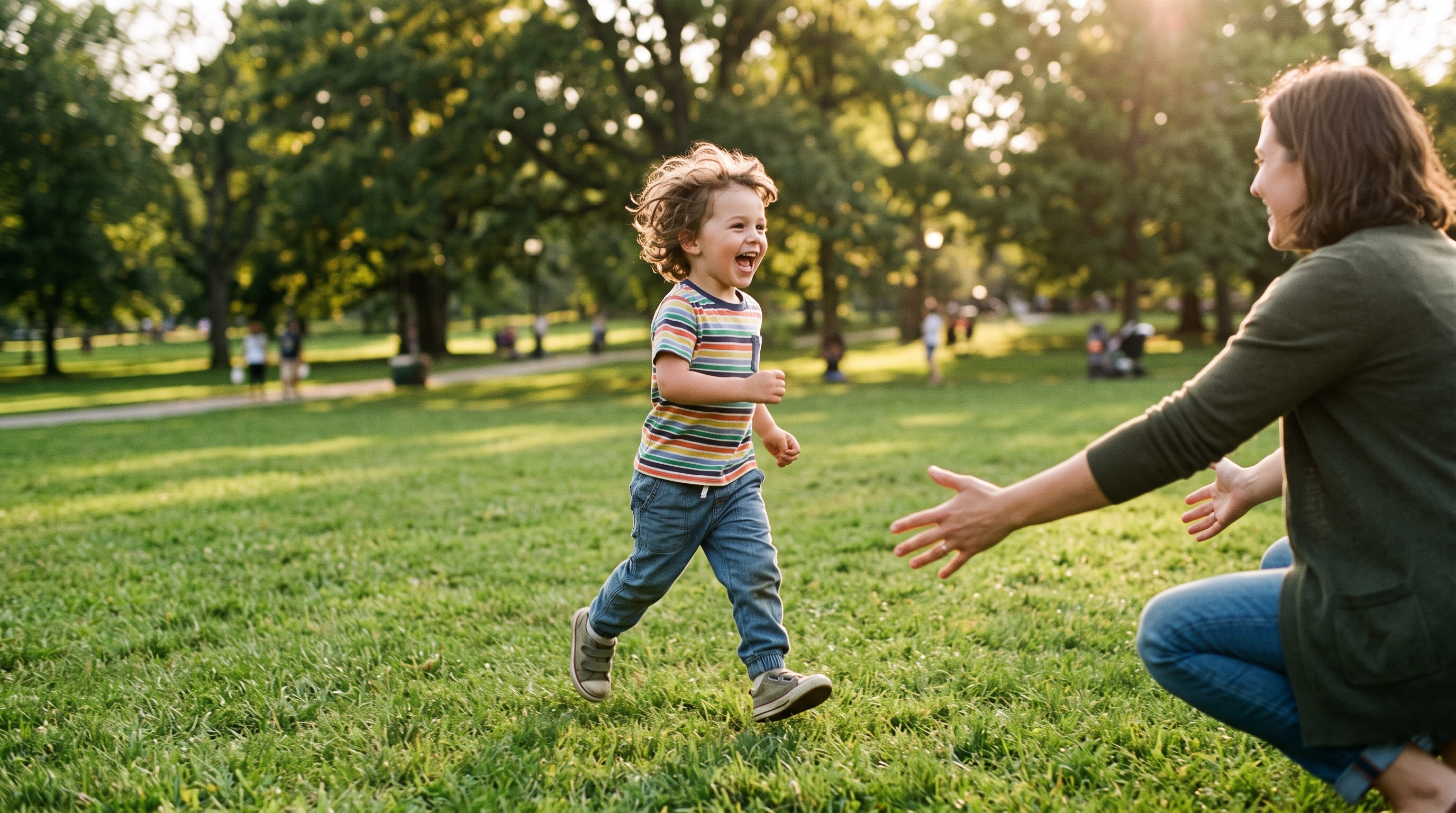 child running towards caregiver photorealistic