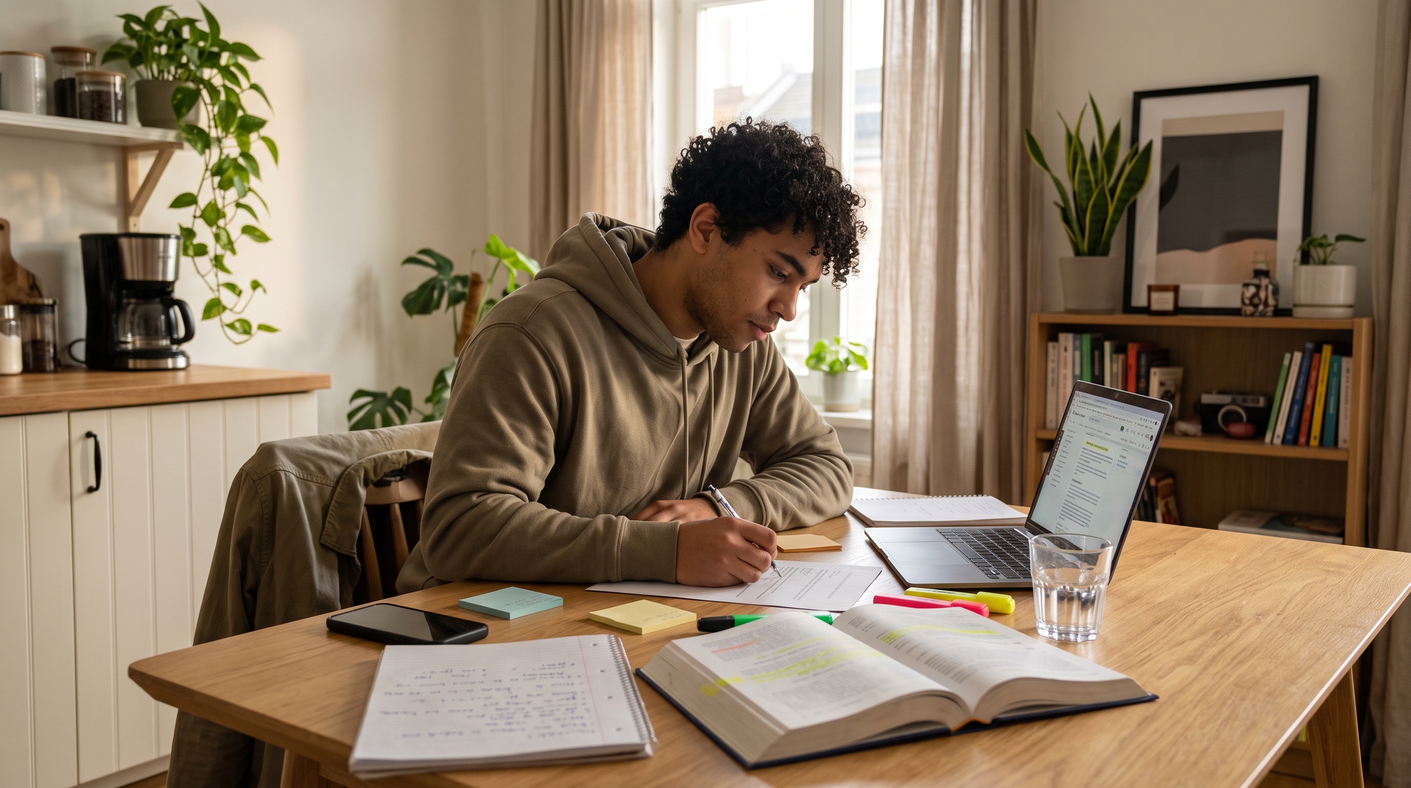 a 20 something diverse male studying for an exam in a quiet home environment