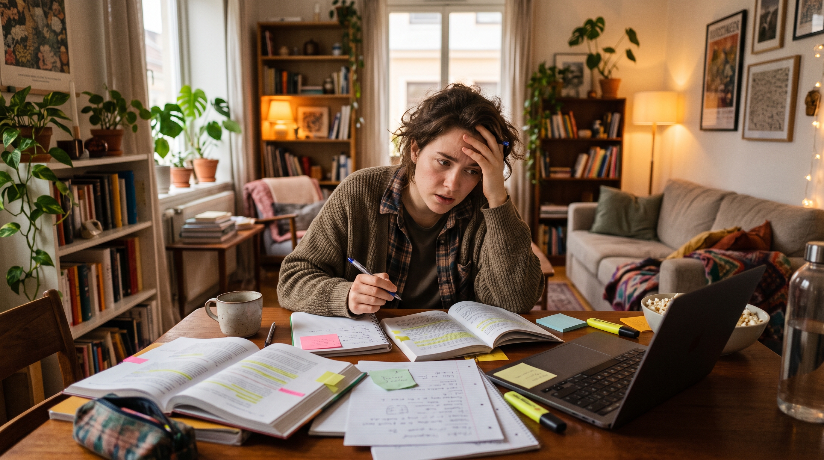Create a picture of a 20 something person studying for an exam looking a little confused in a warm cozy home environment