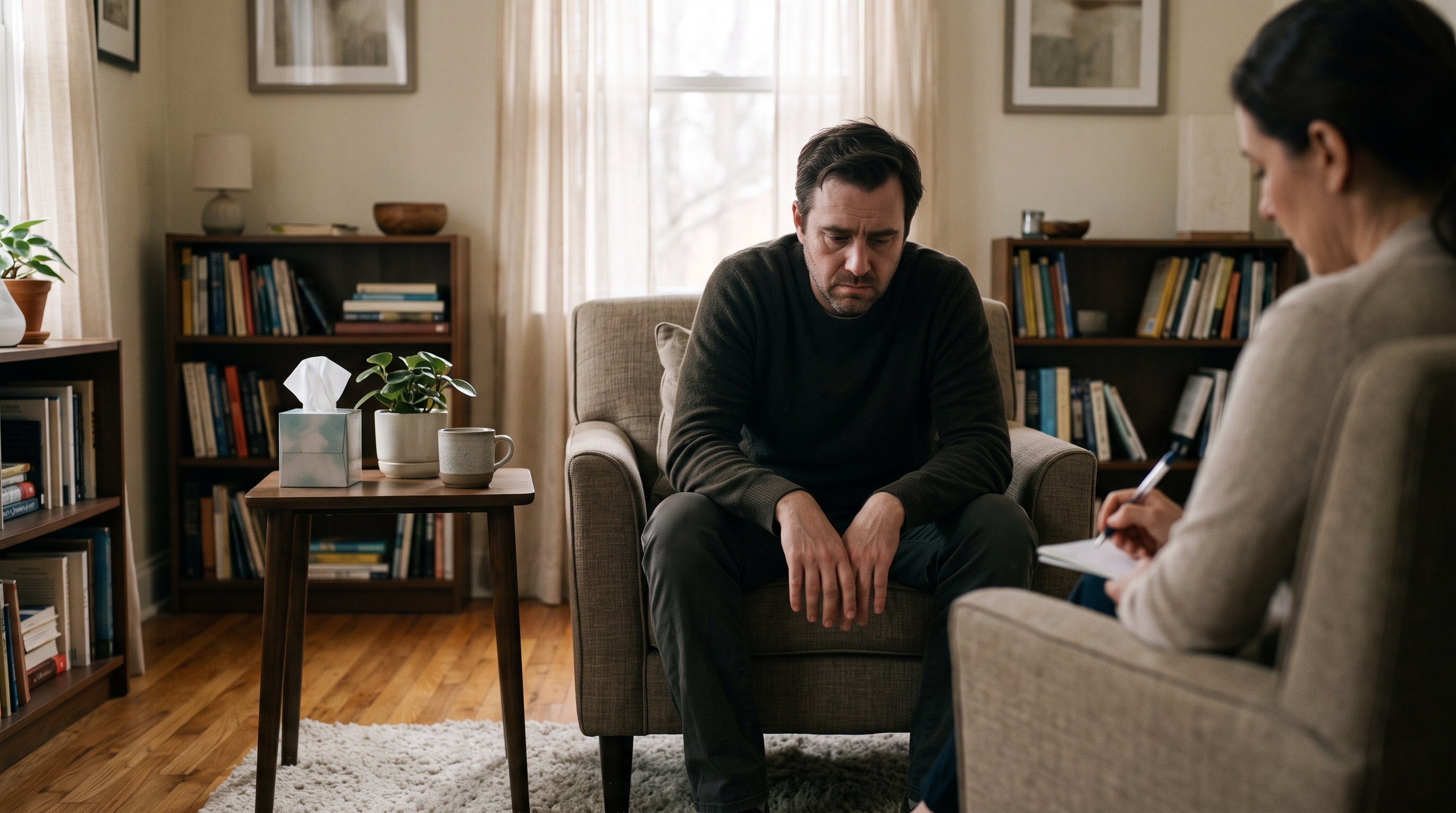 a depressed client at therapy