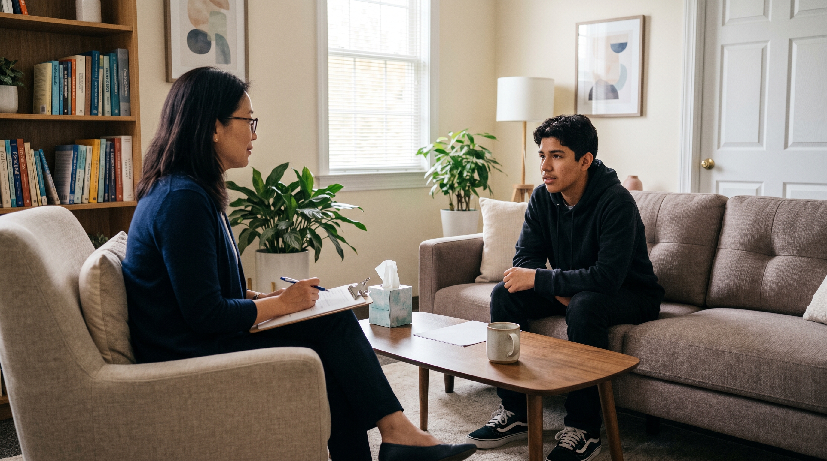 a therapist doing a risk assessment with a teen male client in a calm environment photorealistic
