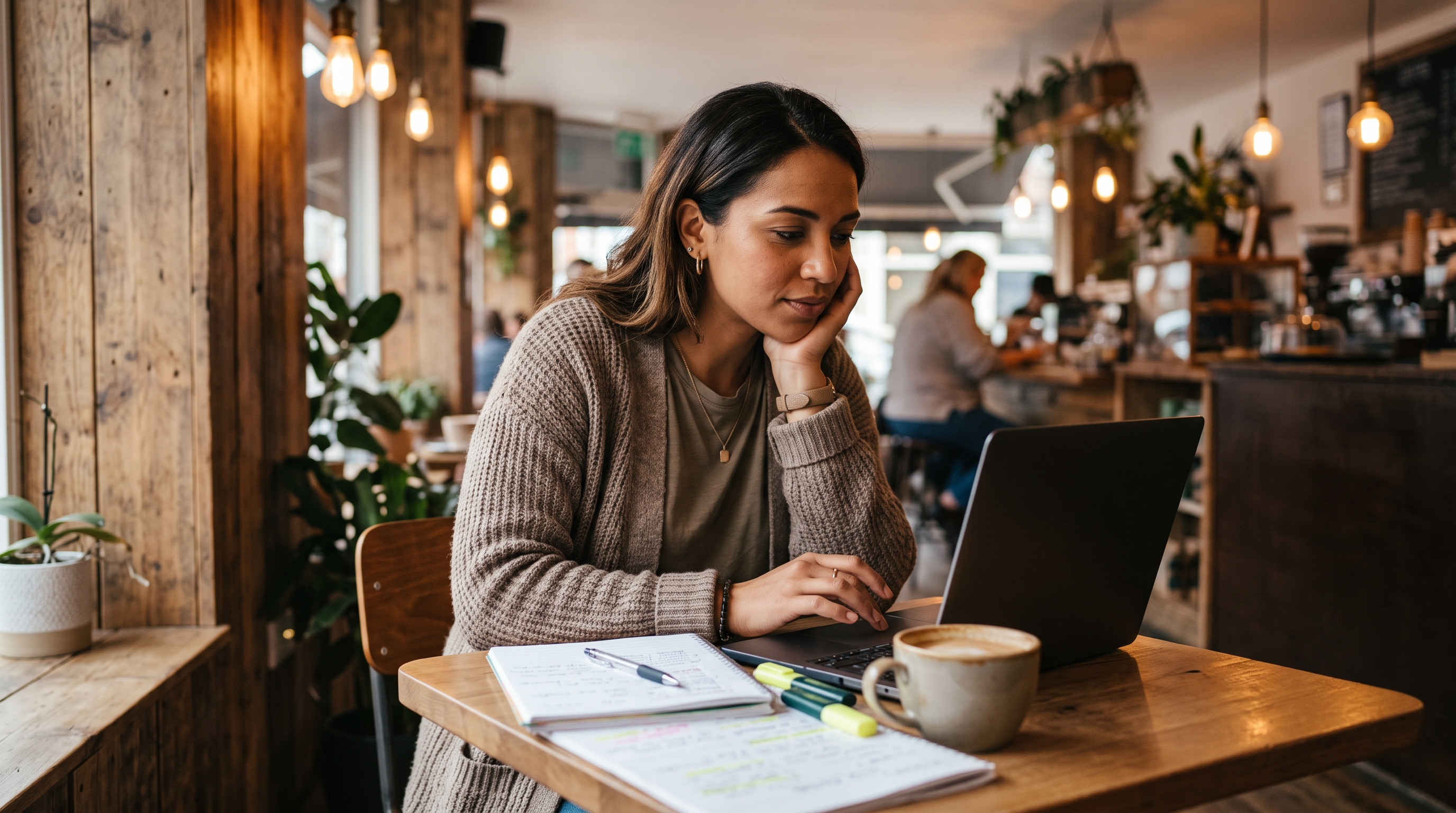 A photorealistic, candid shot of a diverse 20-something social work student focused on a laptop screen in a warm, inviting coffee shop. A steaming mug sits next to an open notebook filled with study guides. The background is slightly blurred, featuring rustic wood paneling, hanging warm Edison bulbs, and a quiet, focused atmosphere. Cinematic, 8k, highly realistic, warm color grading.