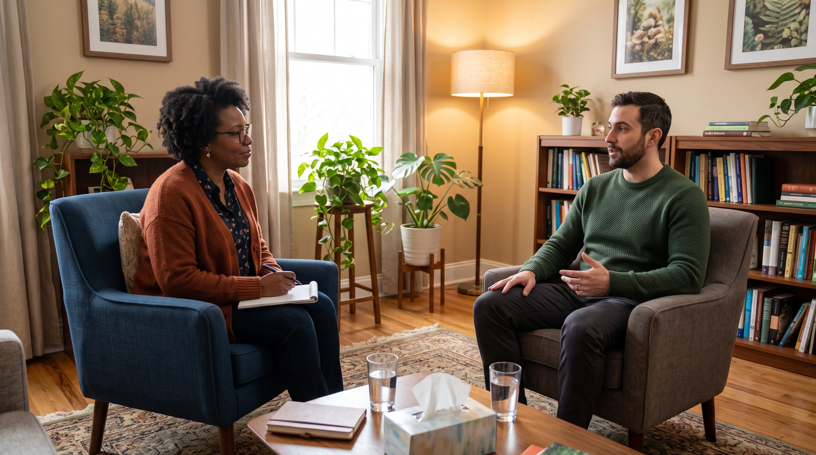 a therapist working with a 30 something client in a warm setting