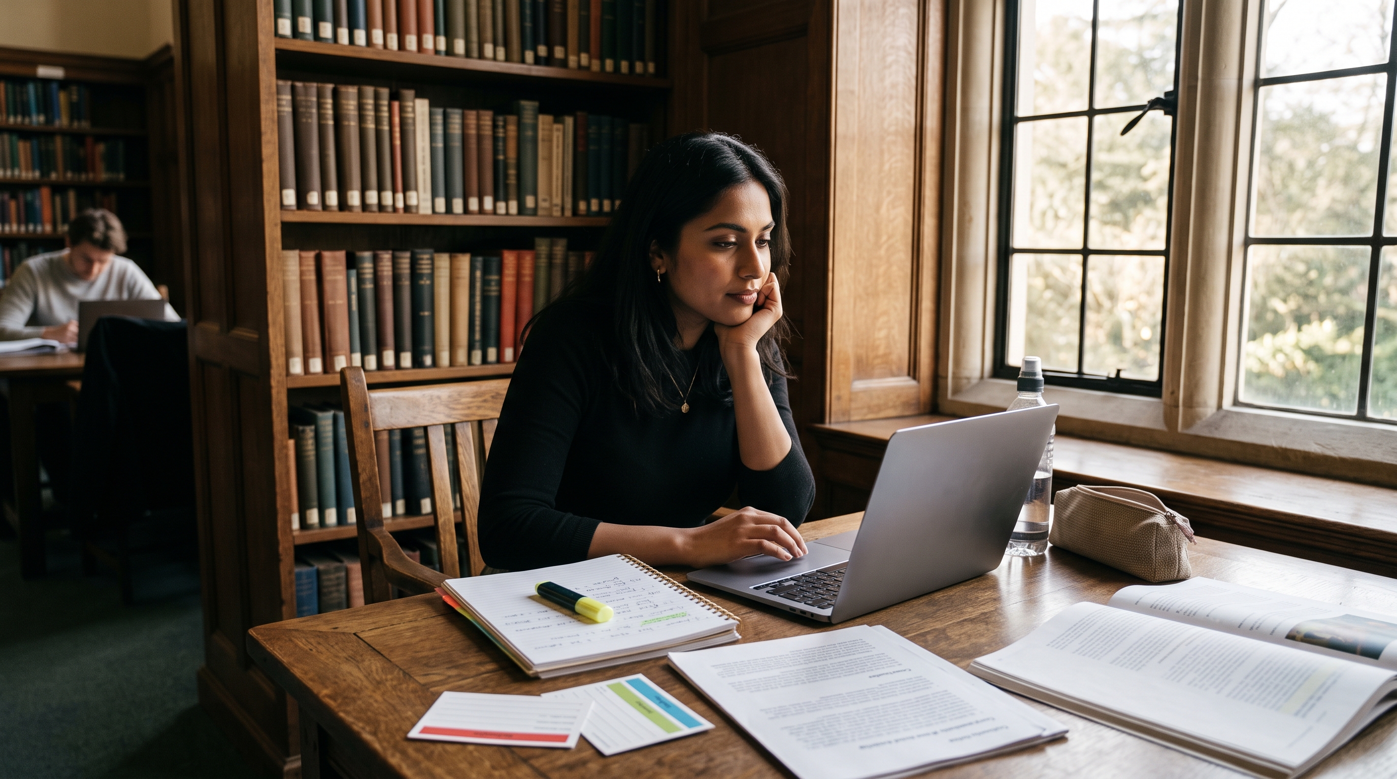 a natural, candid photograph of the diverse social worker focused on her studies in a quiet, warm library nook